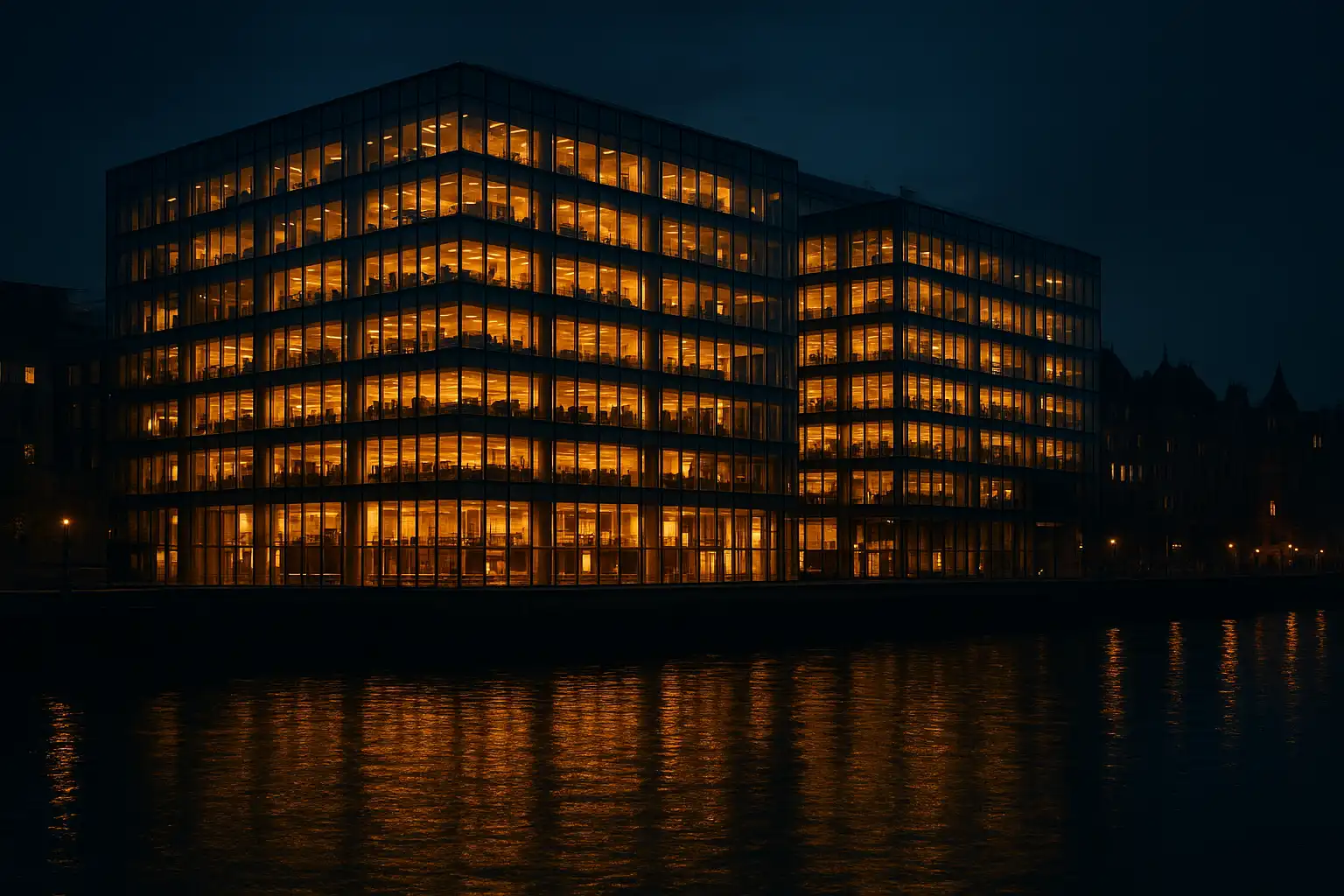 Modern glass building reflecting the Thames at night with warm interior lighting