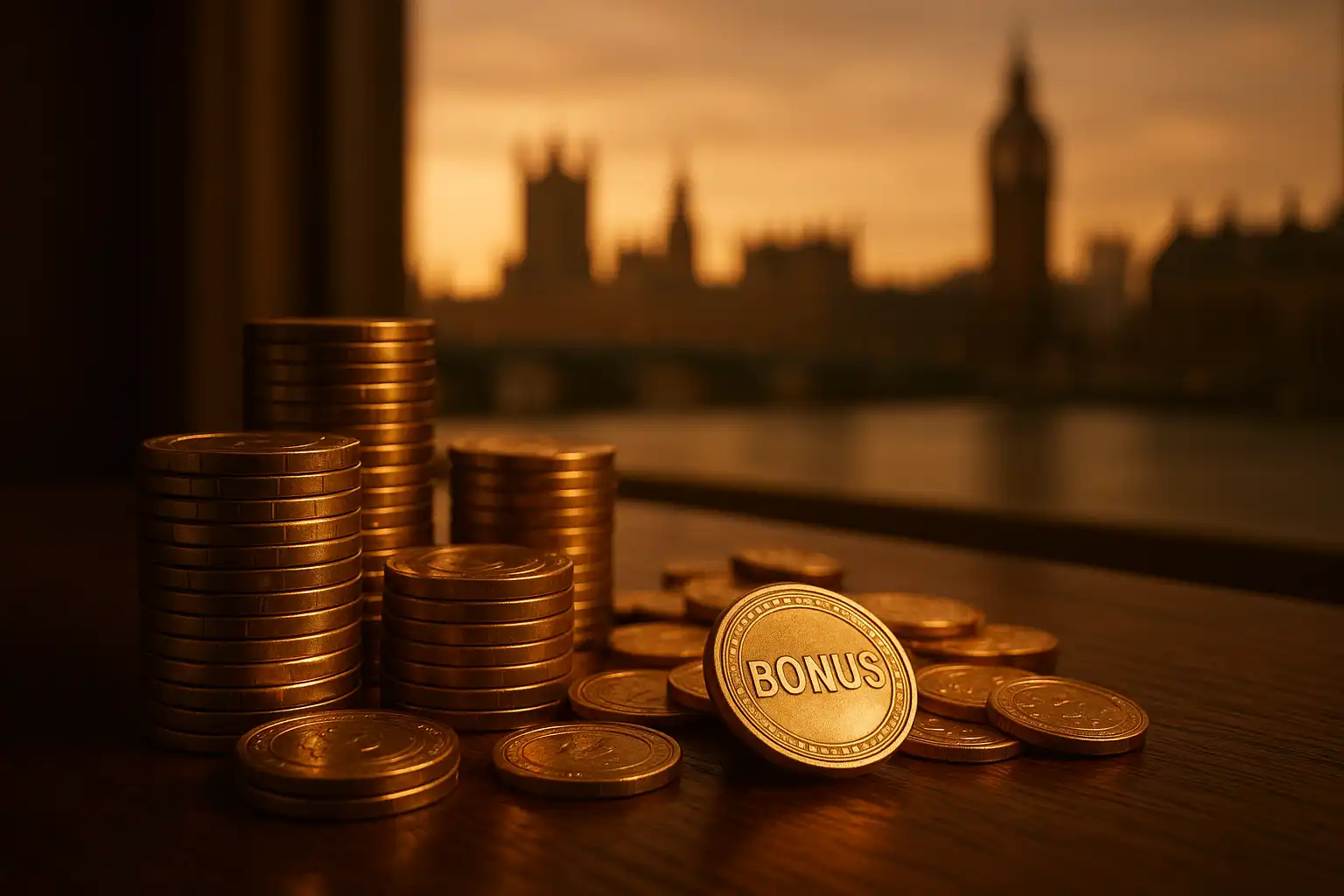 Golden bonus coins and casino chips arranged on a dark oak table by the Thames