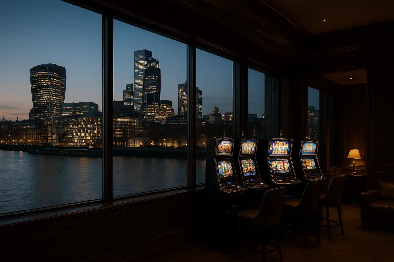 Panoramic view of the Thames at dusk with an elegant slot lounge in the foreground