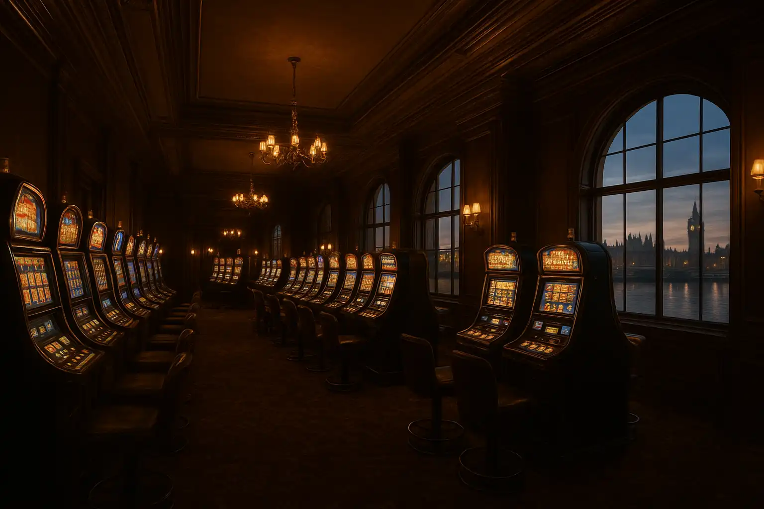 Rows of glowing slot machines inside a dark oak riverside casino hall