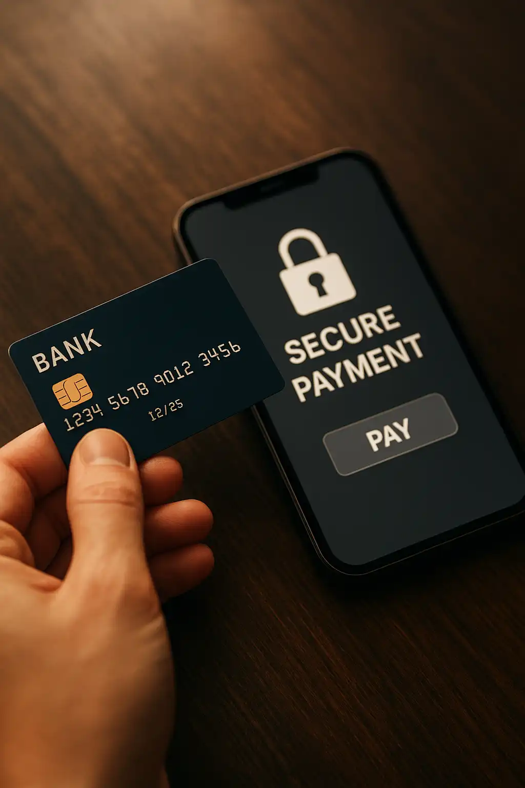 Close up of a card and phone making a secure casino deposit