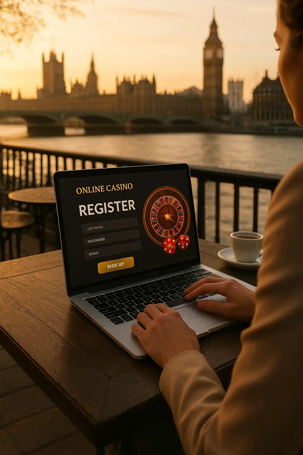 Player registering an account on a laptop by the riverside
