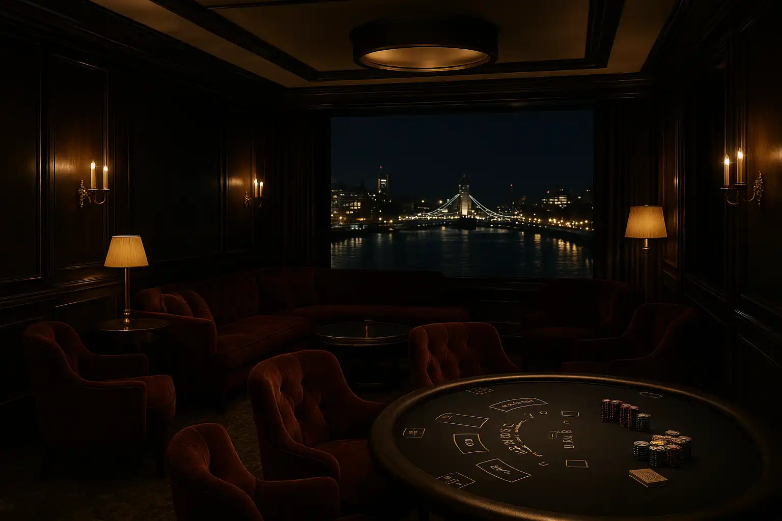 An elegant private lounge overlooking the Thames reserved for VIP casino members
